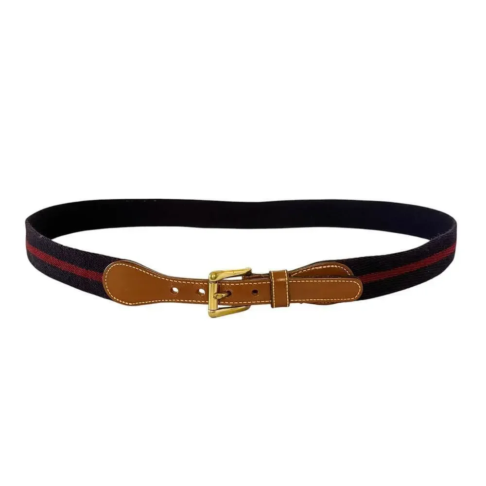 Dooney & Bourke Vintage Leather Navy Blue Red Stripe Wool Surcingle Belt Size 38